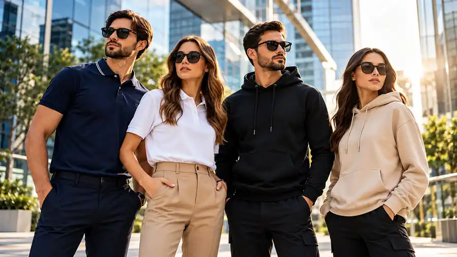 Fashionable woman in a brown hoodie and sunglasses outdoors